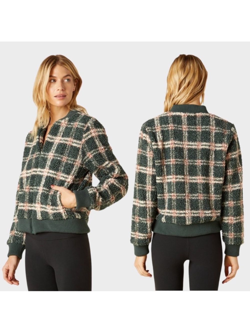 Beyond Yoga Sherpa Shell Off The Grid Bomber Jacket Plaid Size S Green